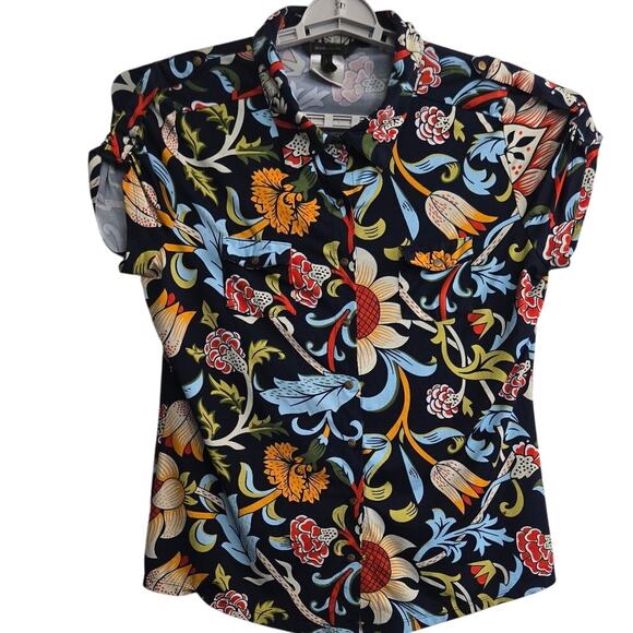BCBGMAXAZRIA Blouse M Navy Blue Multicolor Floral Print Short Sleeve Top - Picture 1 of 9